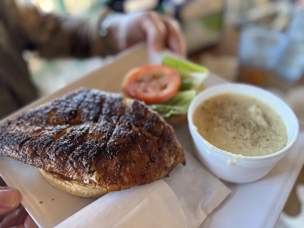Blackened Chicken Sandwich and Gouda Grits
